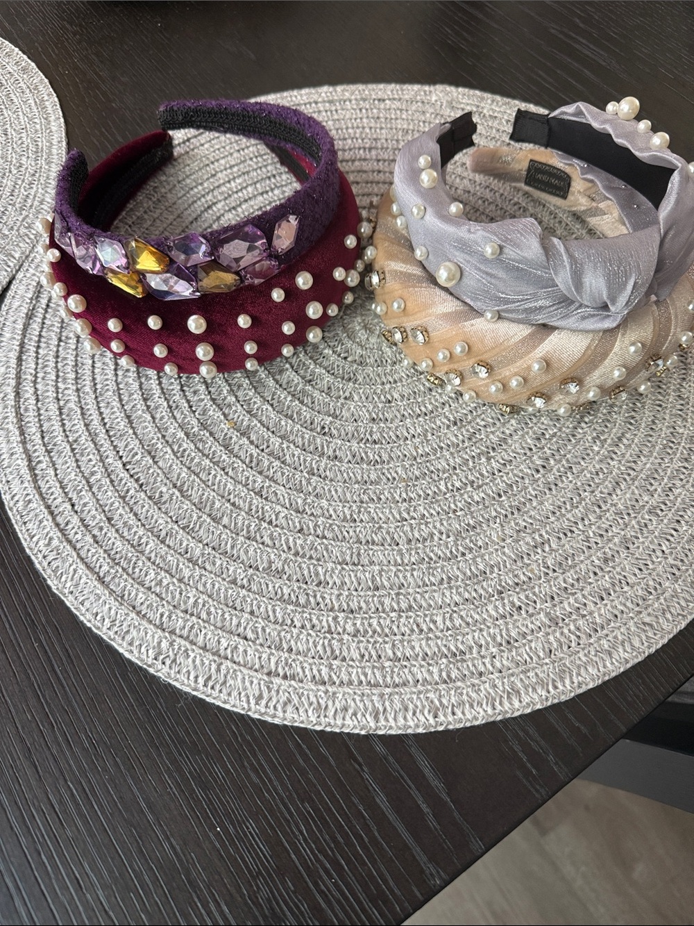 Embellished Pearl & Gem Velvet Headbands - Burgundy and Champagne set of 4